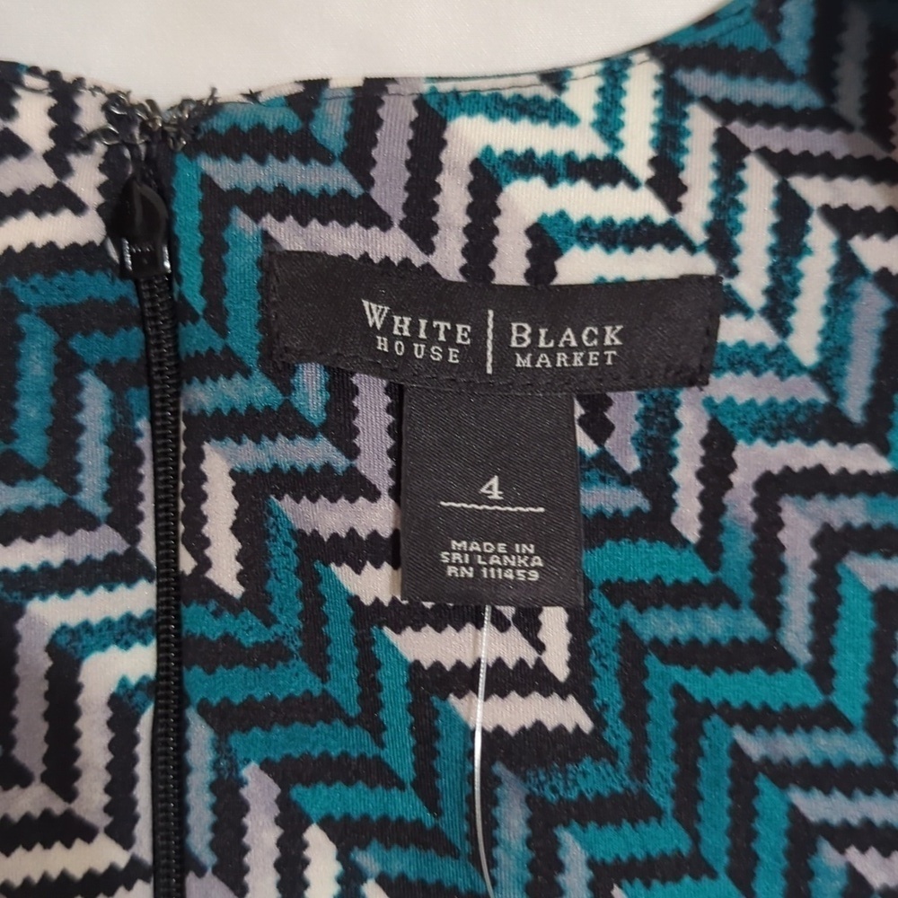 White House Black Market CS ZZ Print Sheath Dress, Black/White/Teal Size 4 - Picture 15 of 16